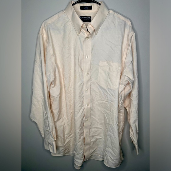 Stafford Oxford Button Down Shirt Men's 17 Beige Long Sleeve - Picture 1 of 4